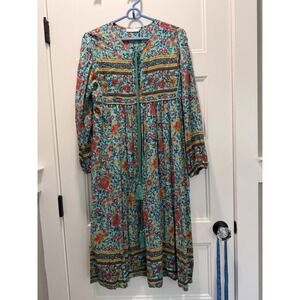 R. Vivamos Floral Boho Tassel Midi Dress Teal Long Sleeve Cotton Bkend Medium